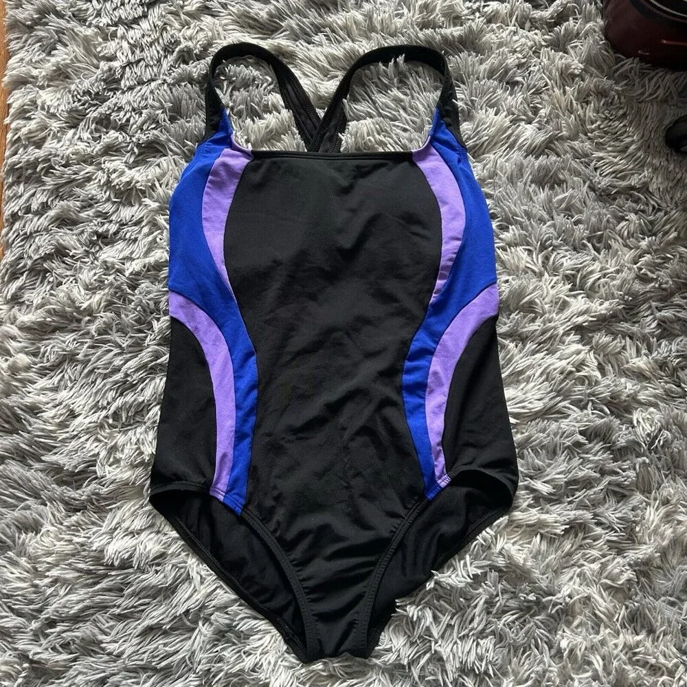 Lands End Black Blue Womens One Piece Size‎ 10 Swimsuit Bathing Suit Summer