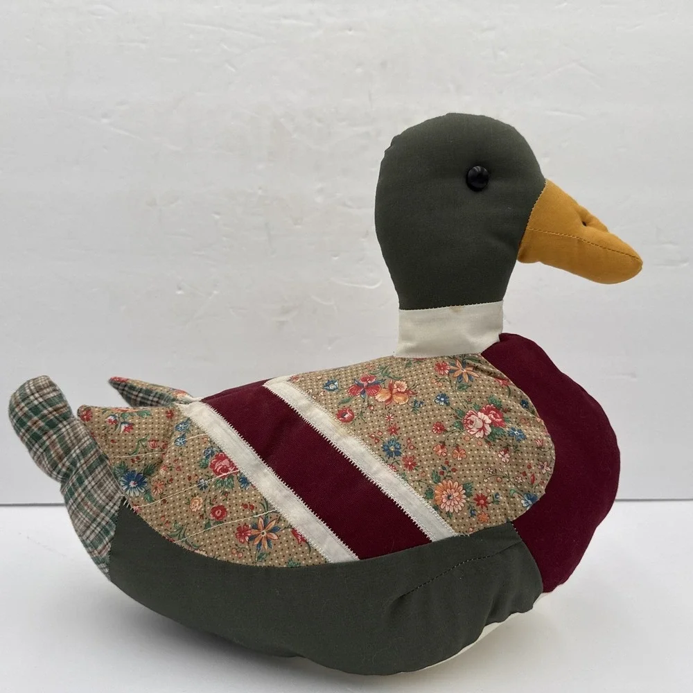 Vtg Handmade Cloth Patchwork Quilted Plush Cottagecore‎ Duck Shelf Sitter Decor