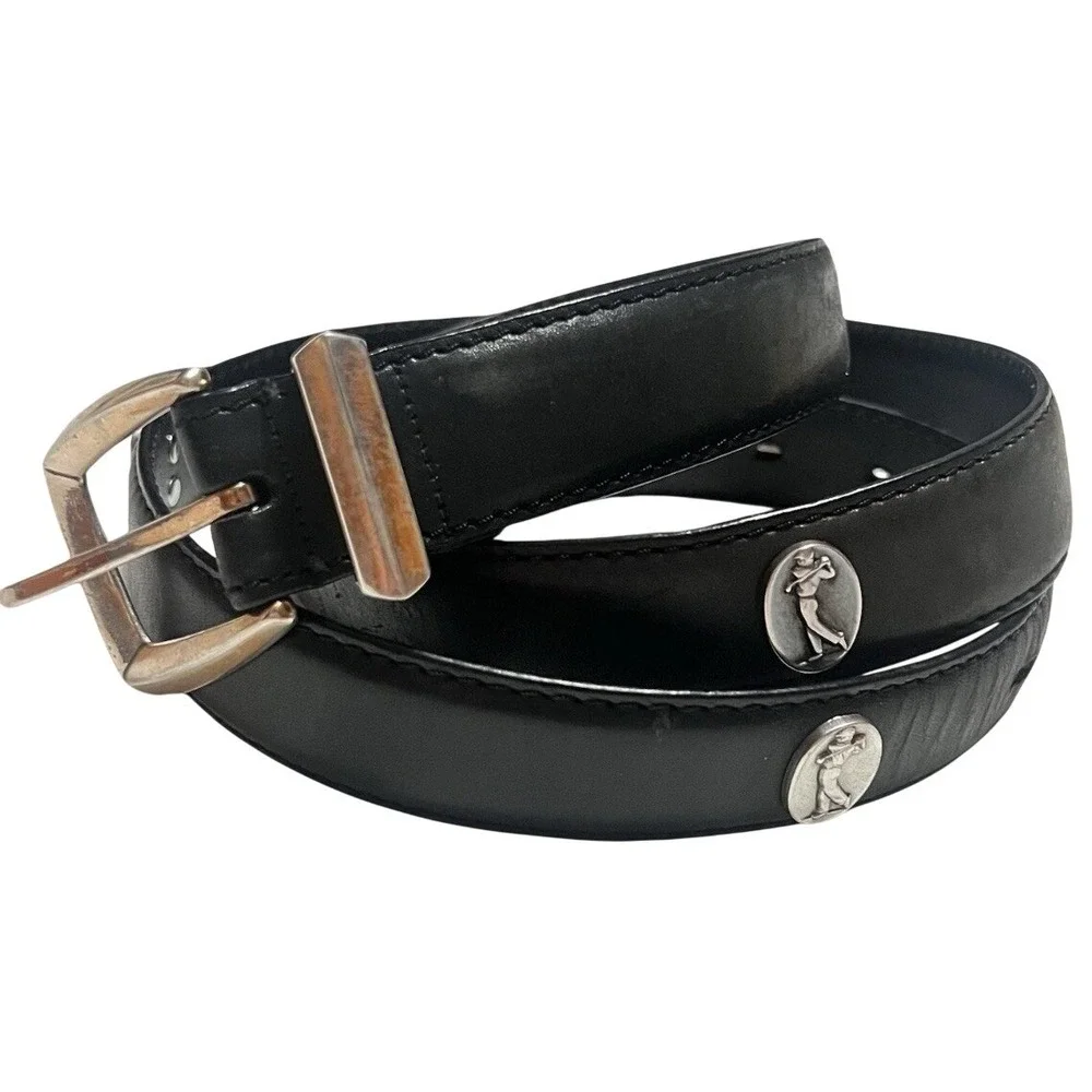 Black‎ Leather Men's Golf Belt With Silver Hardware, Total Length - 49 inches.