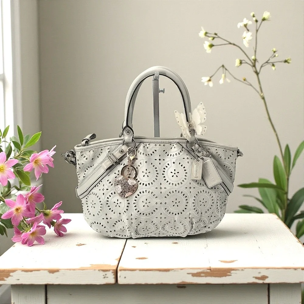 Coach‎ Madison Gray Laser Cut Leather Satchel Crossbody Bag