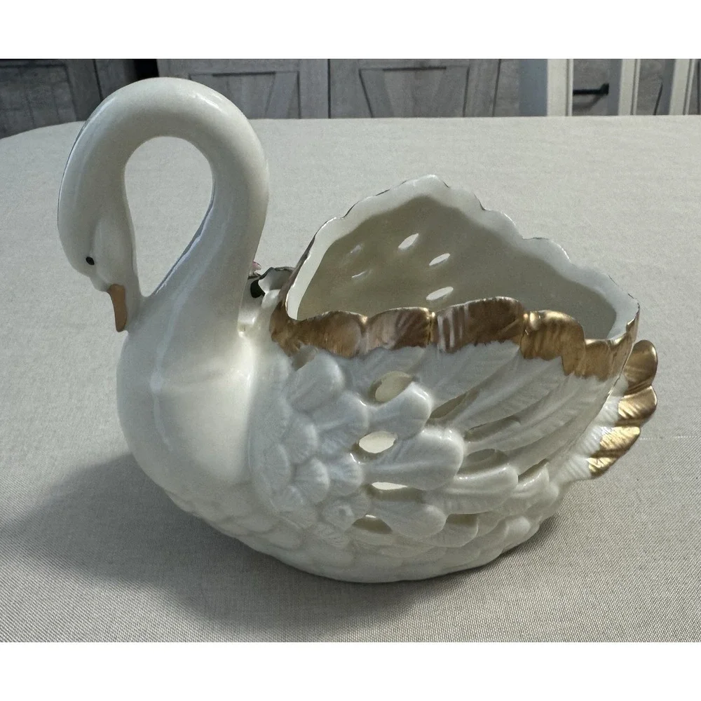 Vintage Swan Planter Bowl White Ceramic Gold Trim Poinsettia Christmas‎ Decor