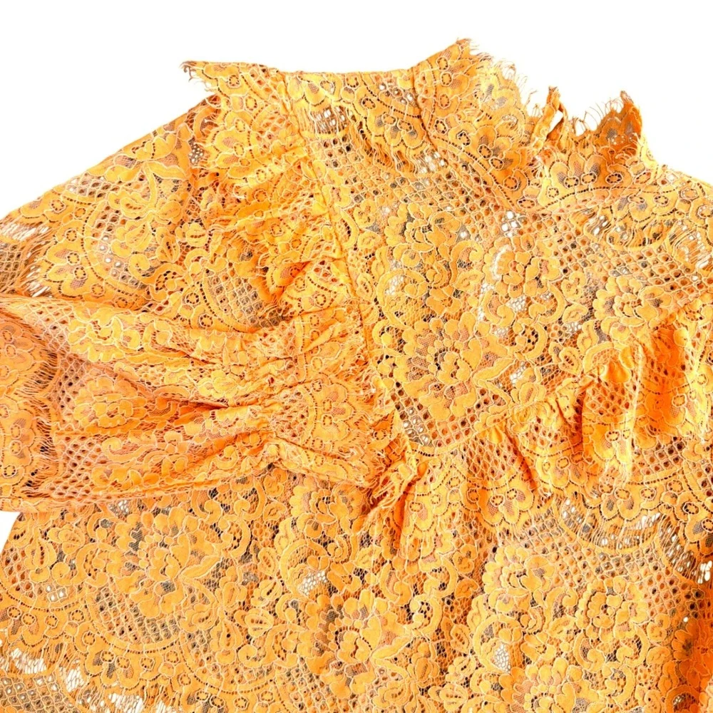 Golden Yellow Sheer Floral Lace Blouse Victorian Romantic‎ Boho Festival Top MED