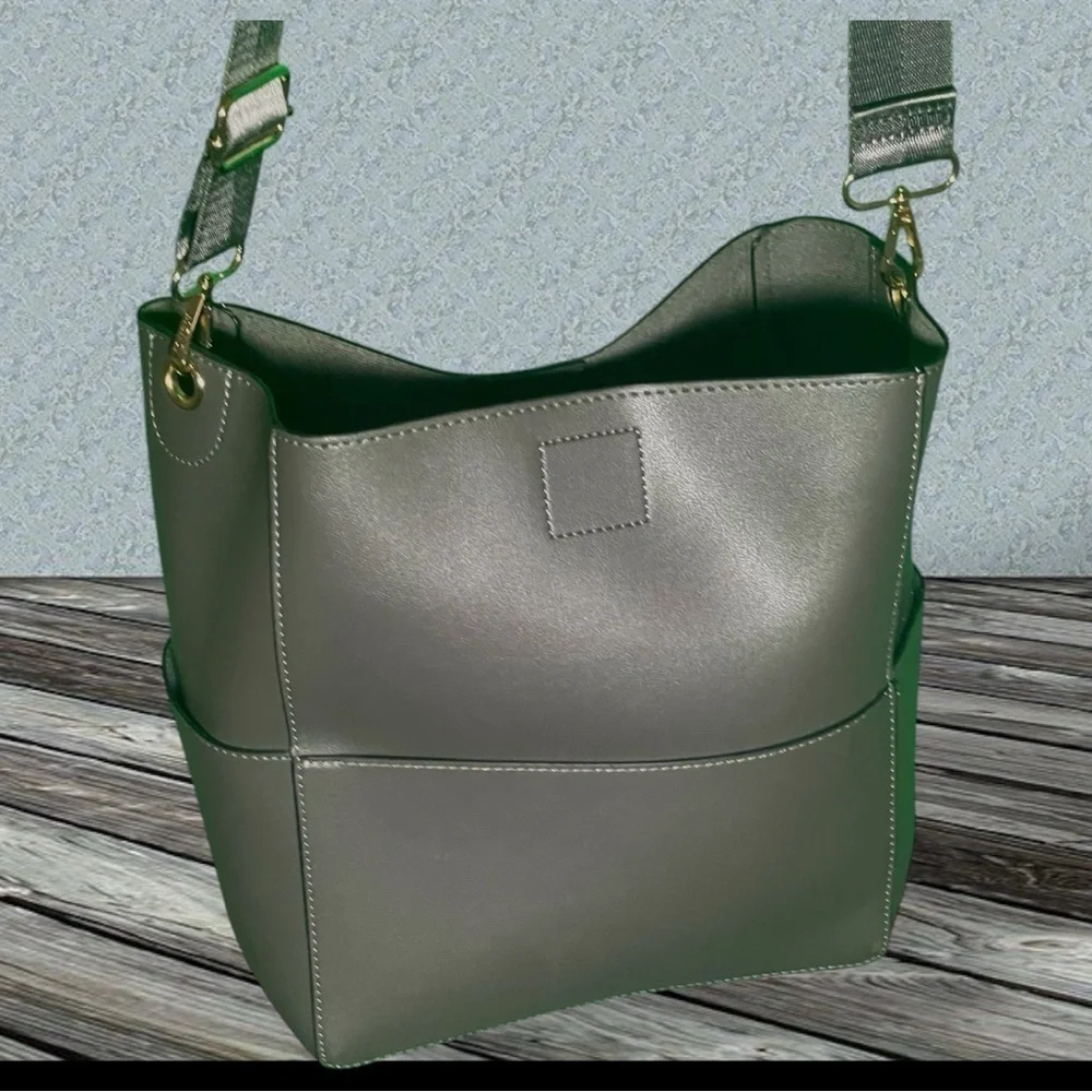 Mersi Vegan Leather Demi Bucket Bag With Detachable Straps Gray