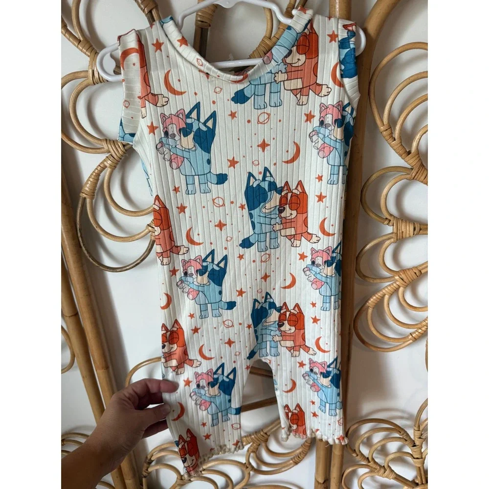 Bluey Bingo Kids Ribbed Sleeveless Romper Celestial Moon Stars Cream One Piece‎