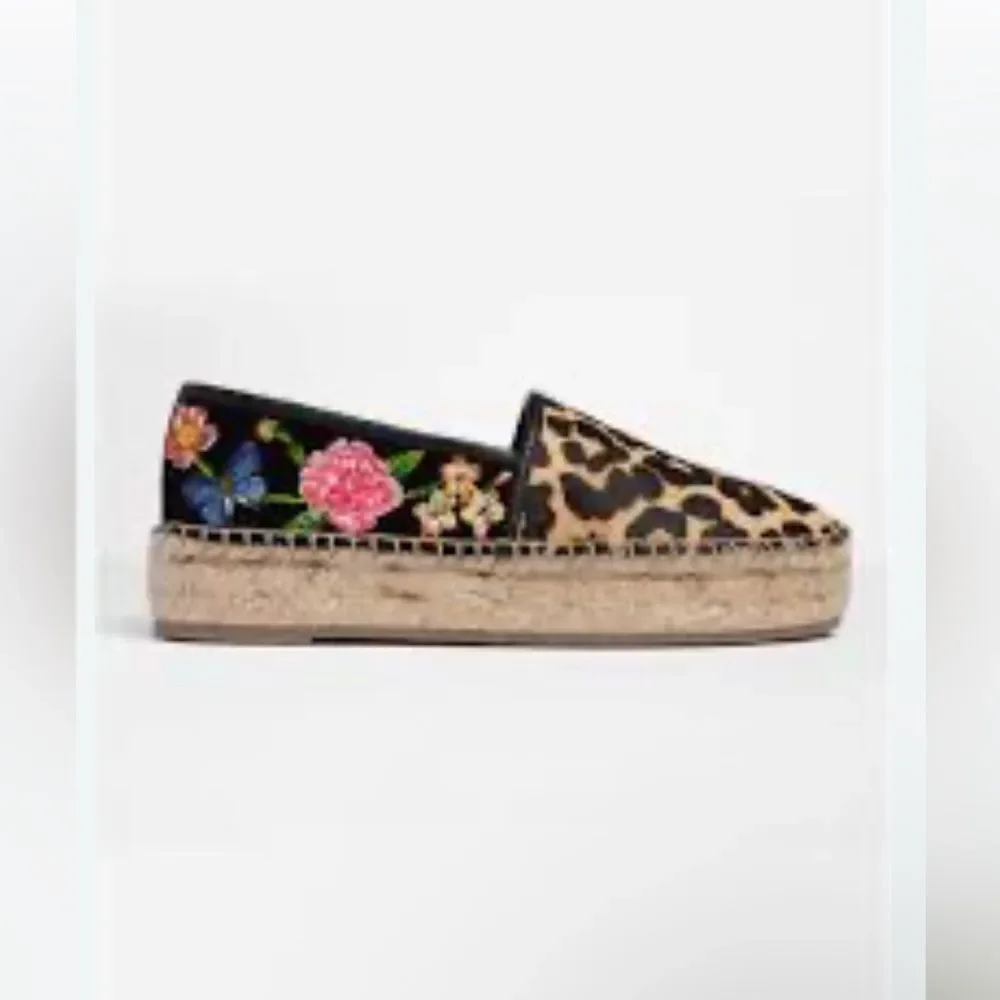 Johnny Was Garden black suede Leopard floral print Espadrilles 8