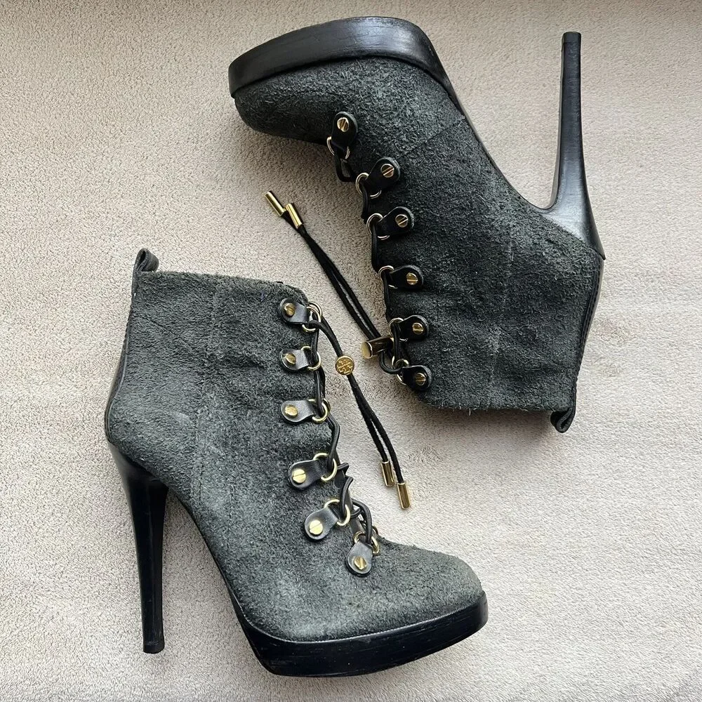 Tory Burch Hamila Dark Gray Distressed Suede Lace Up High Heel Booties Women 6.5