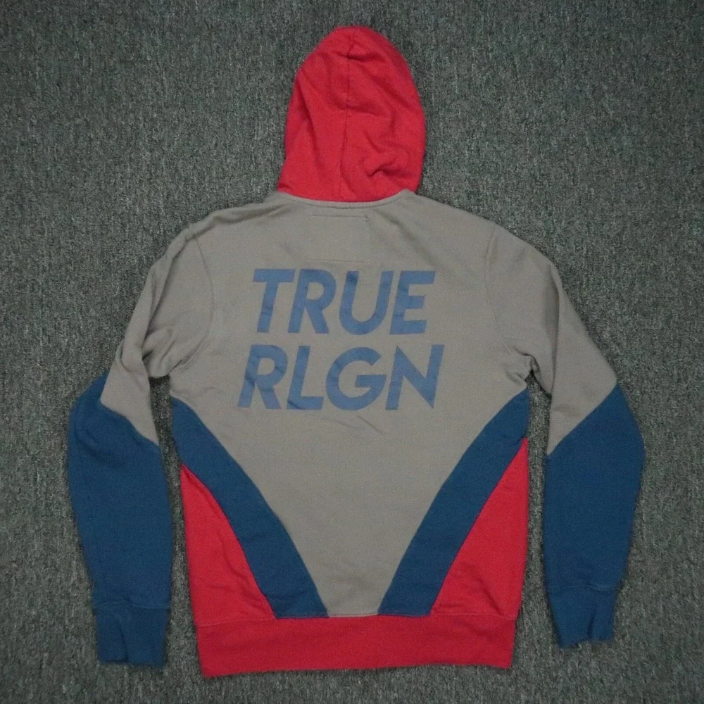 True Religion Hoodie Mens Medium Red Blue Chevron Full Zip Pockets Hooded Jacket