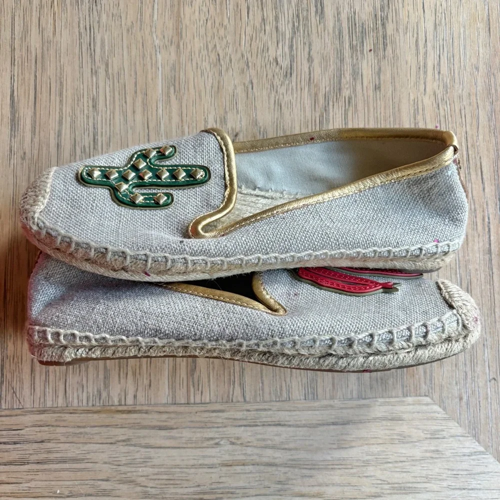 TORY BURCH Santa Fe Espadrille SZ 5 Linen Gold Leather Shoes Cactus Chili Pepper