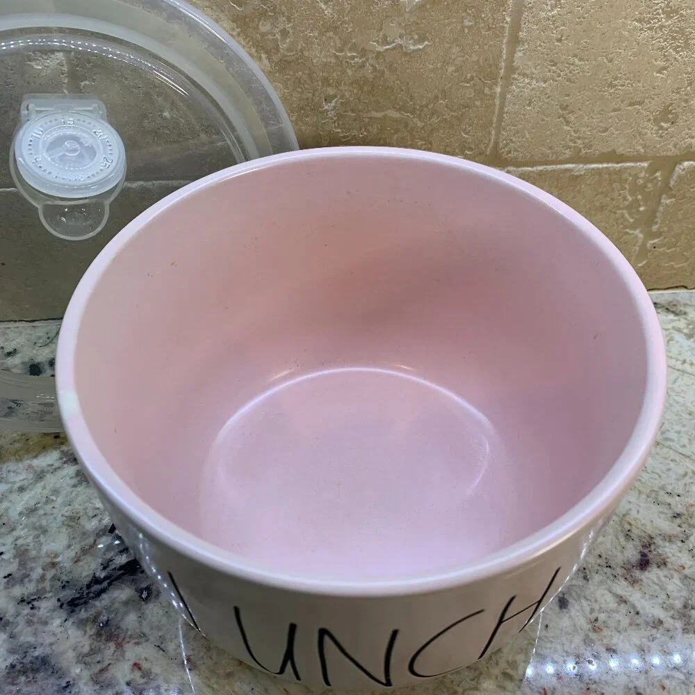 Rae Dunn LUNCH Ceramic Food Storage Container With Vented Plastic Lid Pink