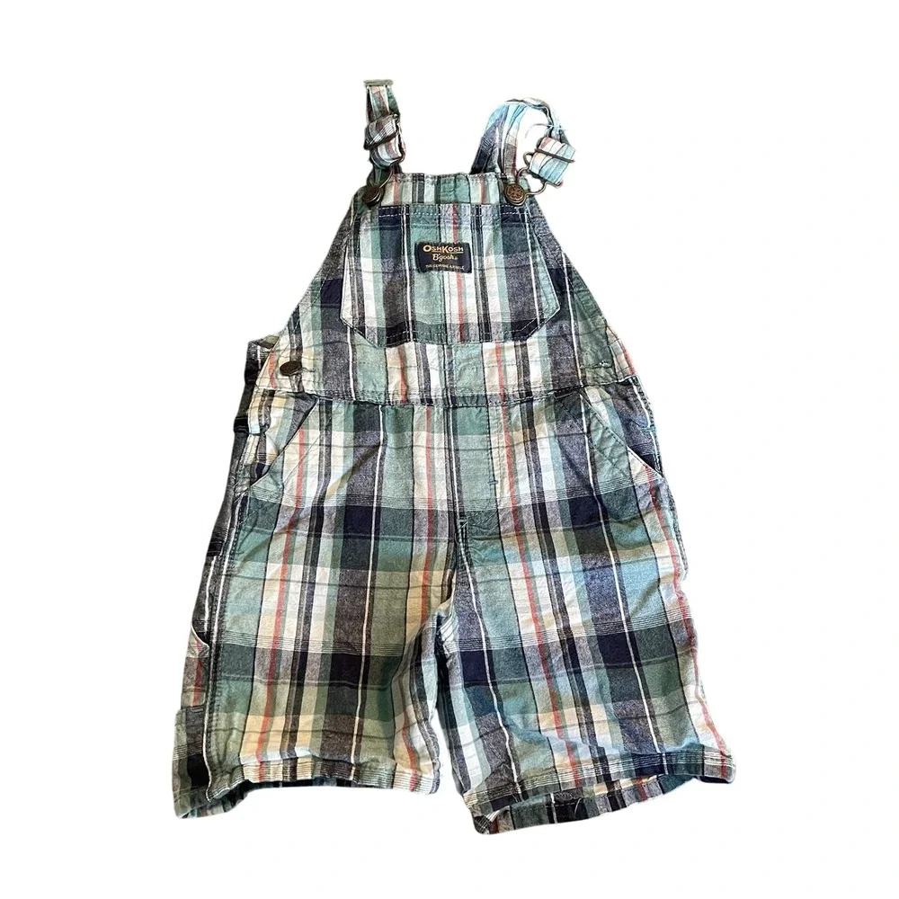 OshKosh Boys Overall Shorts Size 24m Baby‎ Green Blue Plaid VestBak Cotton