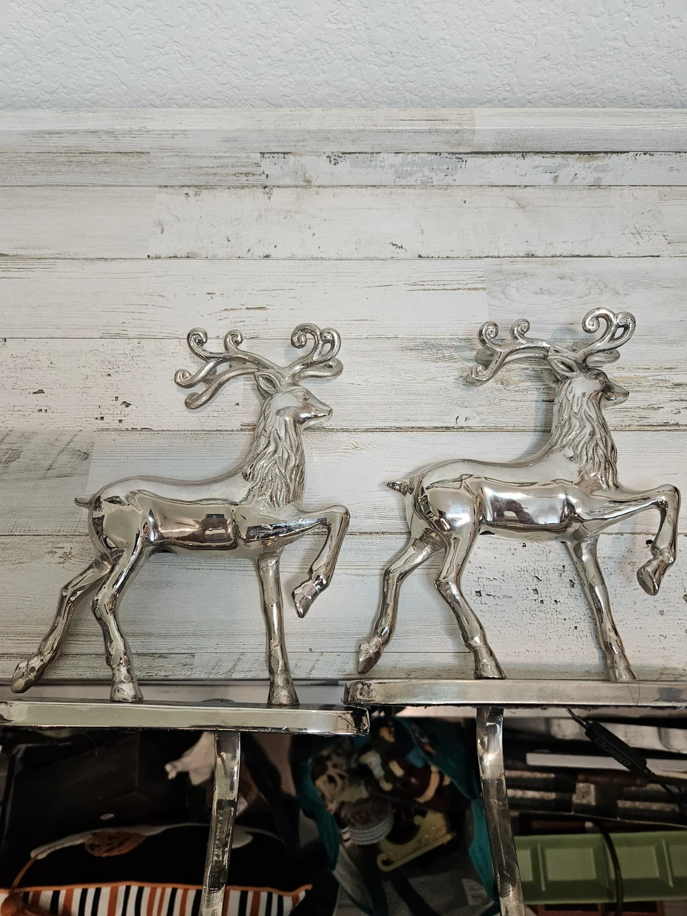 Set of 2 chrome Christmas Holiday Reindeer Stocking Holders.