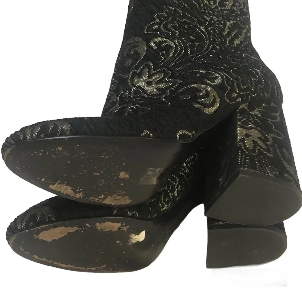 Ash Fedora Black Gold Embroidered Leather Sole High Ankle Boots 38 EU 7-7.5 US