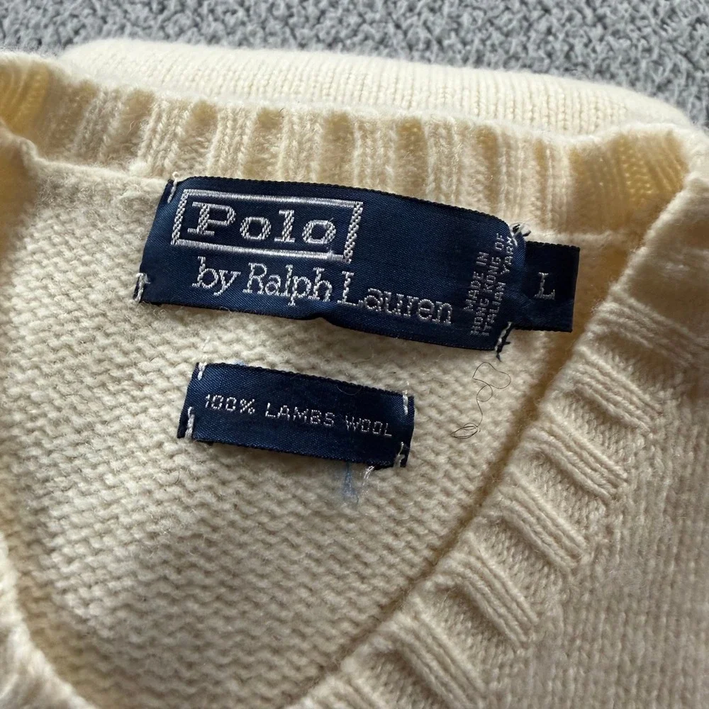 Polo Ralph Lauren Mens Cream 100% Lambswool V-Neck Pony Logo Sweater Large