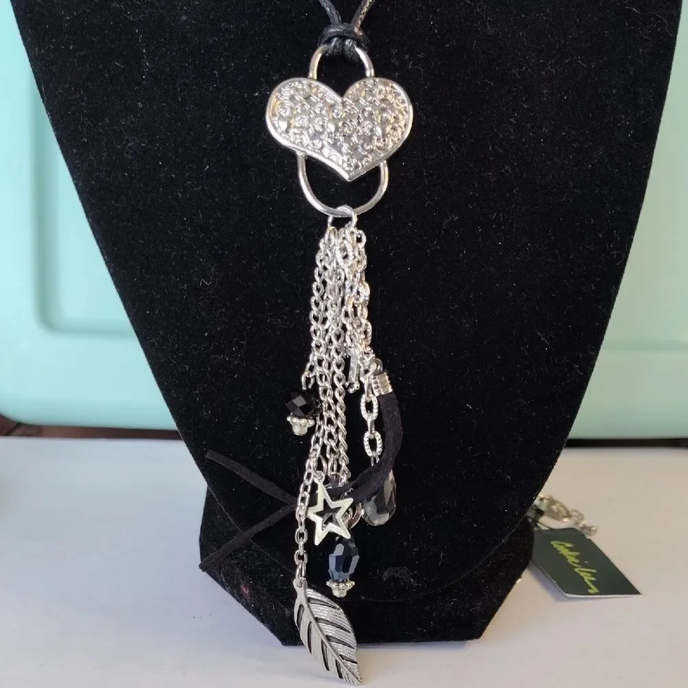 Cookie Lee Sparkling Heart Necklace with Silver and Black