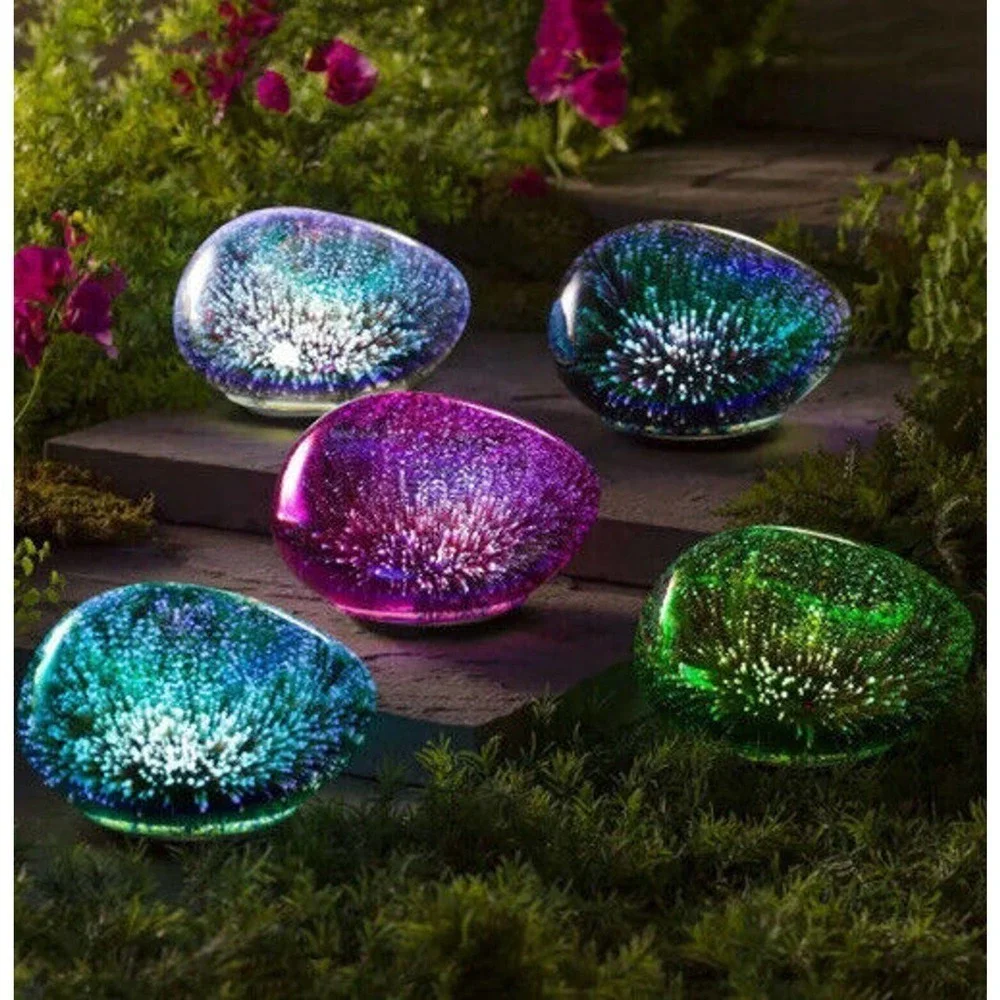 Art Glass Decorative Glowing Garden Rocks Night Light Indoor/ Outdoor Gift Blue