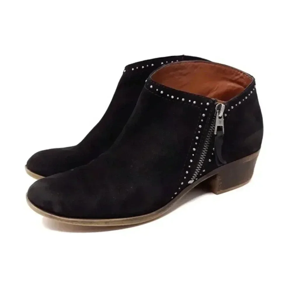 Lucky Brand Benna Black Suede Leather Zip Up Studded Ankle Boots
