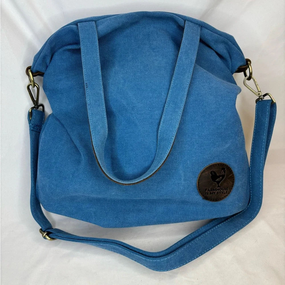 Farmhouse Is My Style Blue Tote‎ with leather accents and Zip Closure