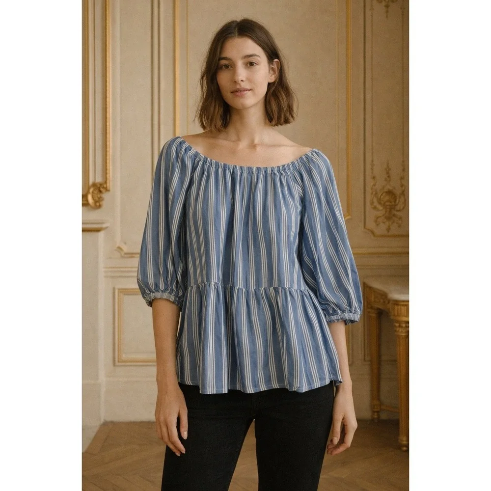 Old Navy Blue‎ White Stripe Off Shoulder Peplum Top Puff Sleeve Size L