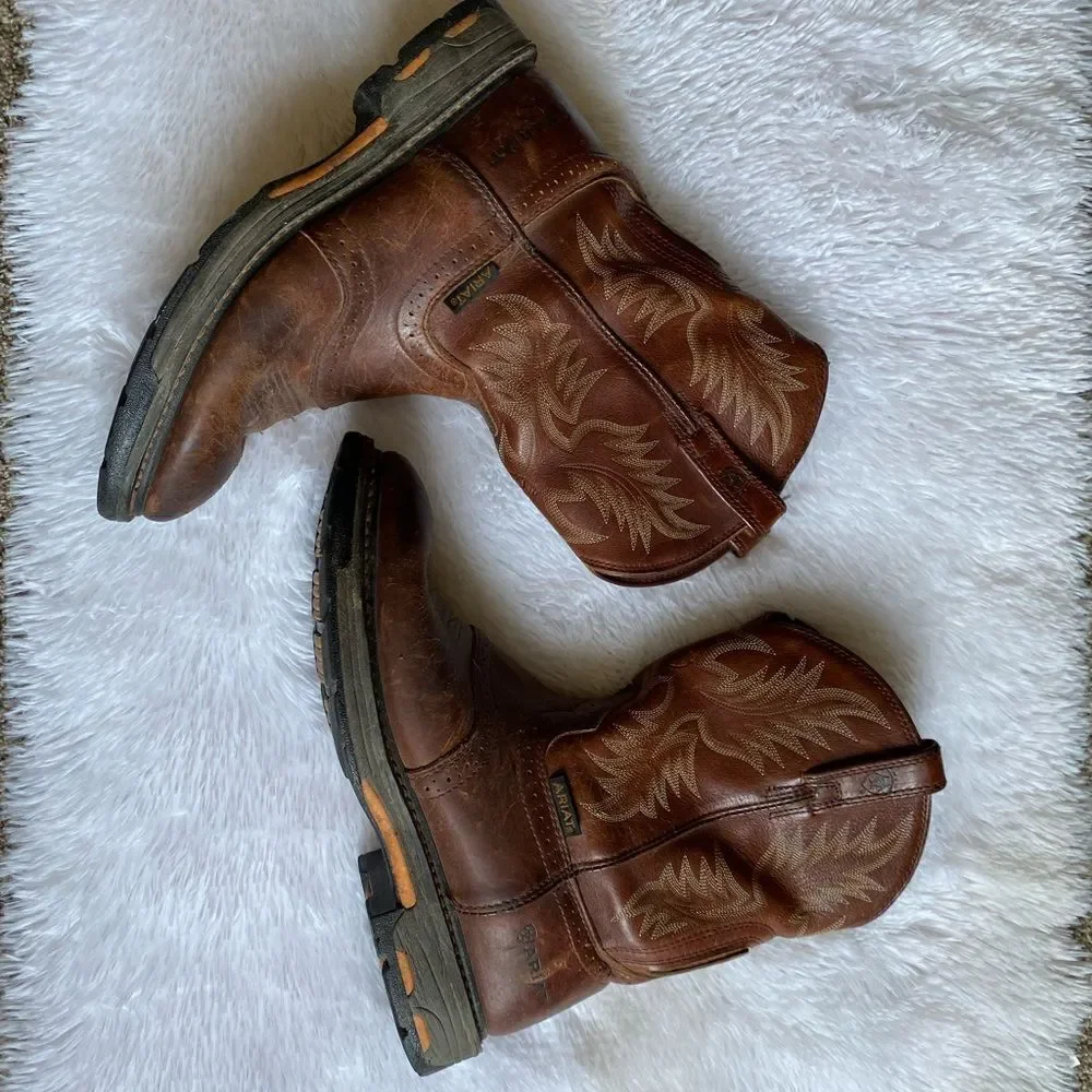 Ariat‎ Workhog Pull on Boots Leather Slip Resistant Brown Mens Size 12 D