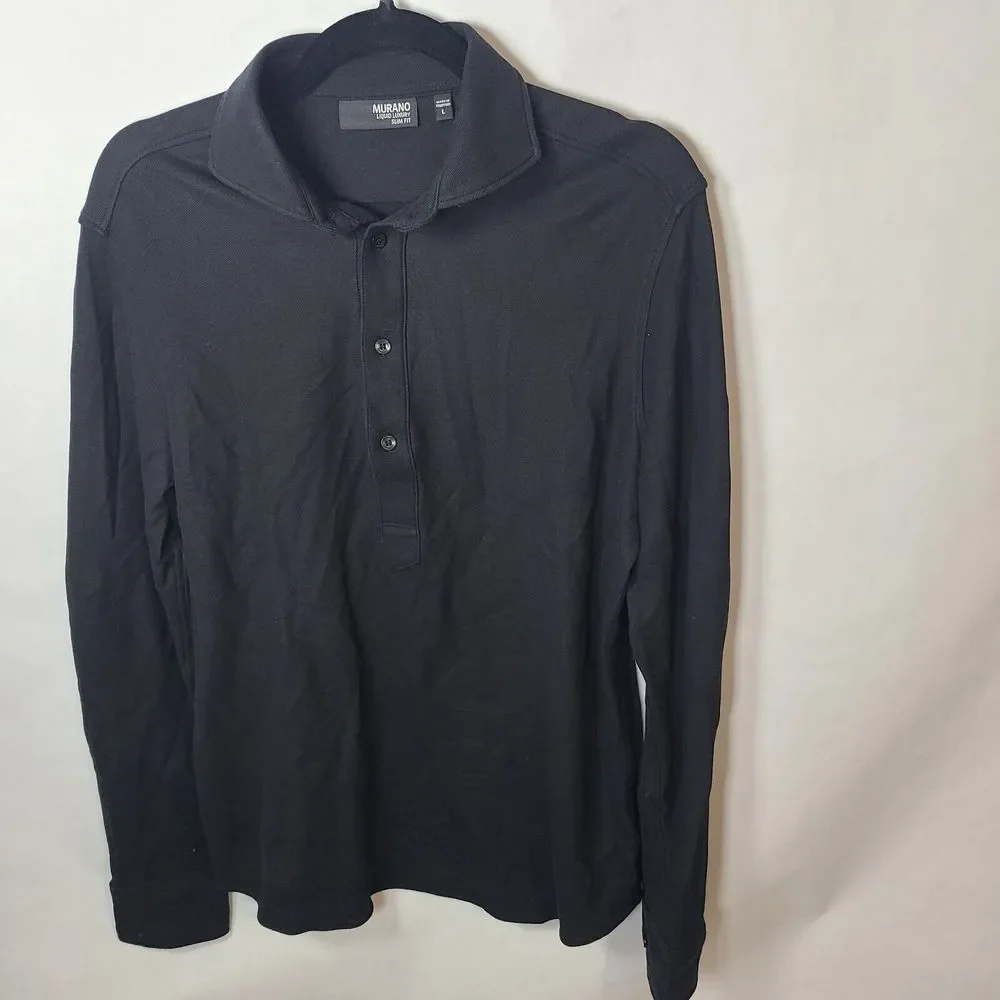 Murano Liquid Luxury Slim Fit Black Shirt Large Long‎ Sleeve Stretch Top Dressy