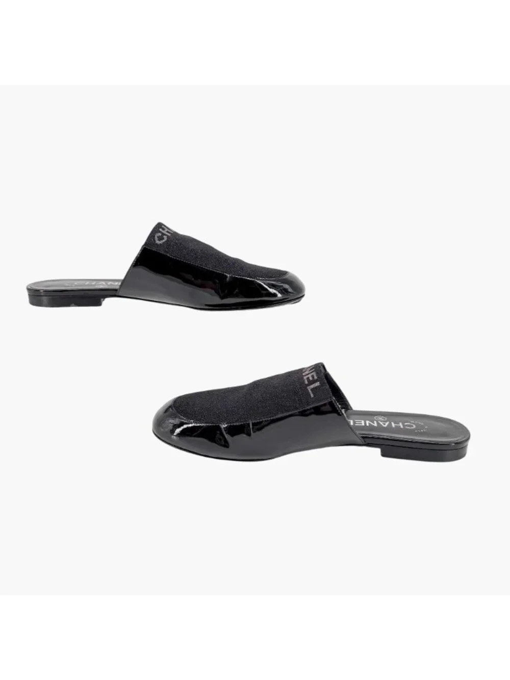 Chanel Logo Glitter Lurex Black Patent Leather Mule Flats Size 39 C US 8-8.5
