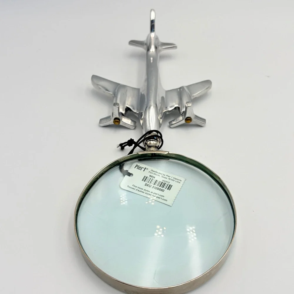 Pier 1 Silver Airplane Magnifying Glass Aviation Pilot Propeller Turns OAK Plane