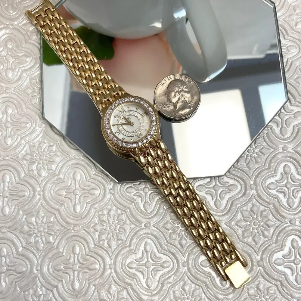 DMQ Diamonique CZ Bezel Mother of Pearl Dial Gold-Tone Dress Watch