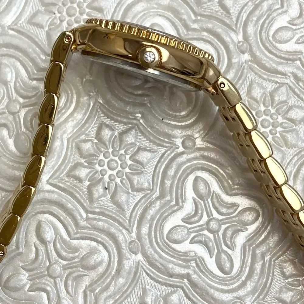 DMQ Diamonique CZ Bezel Mother of Pearl Dial Gold-Tone Dress Watch