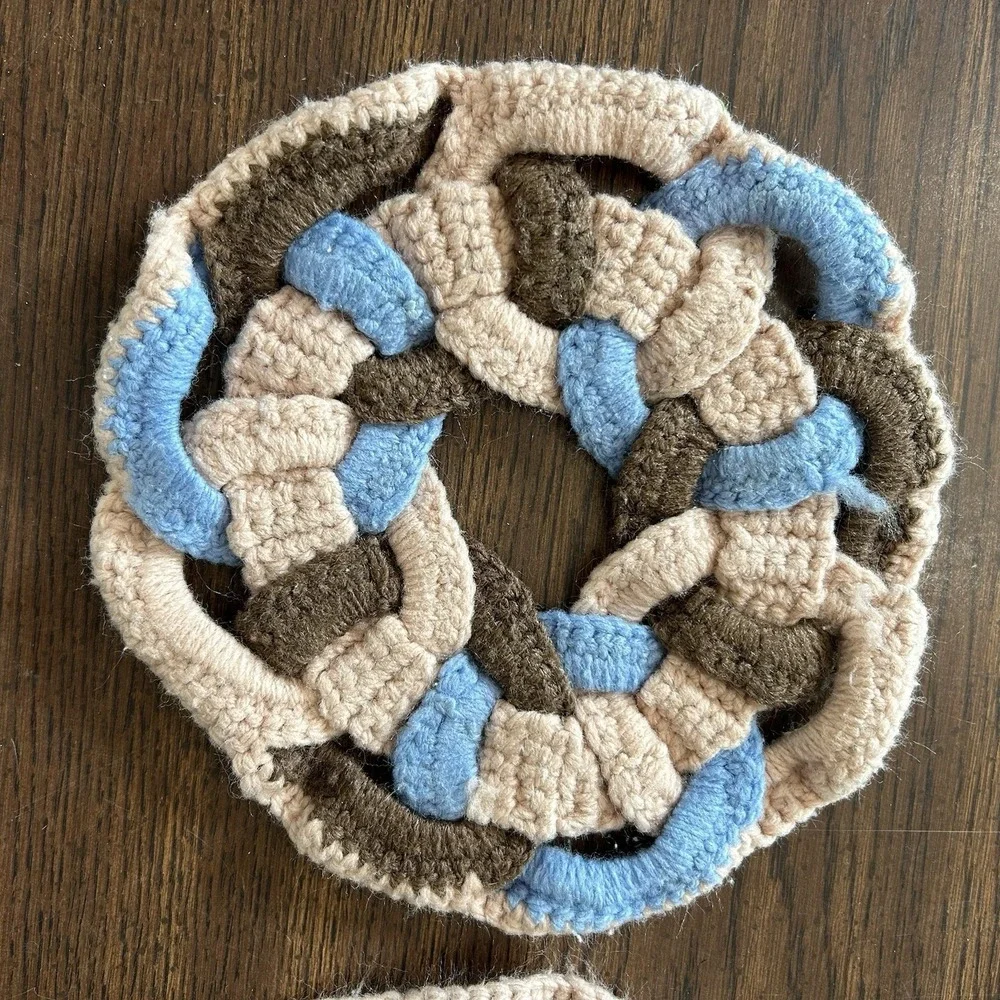 Vintage 70s Cottagecore Handmade Braided Crochet Trivet Hot Pad Set 2 Boho Folk