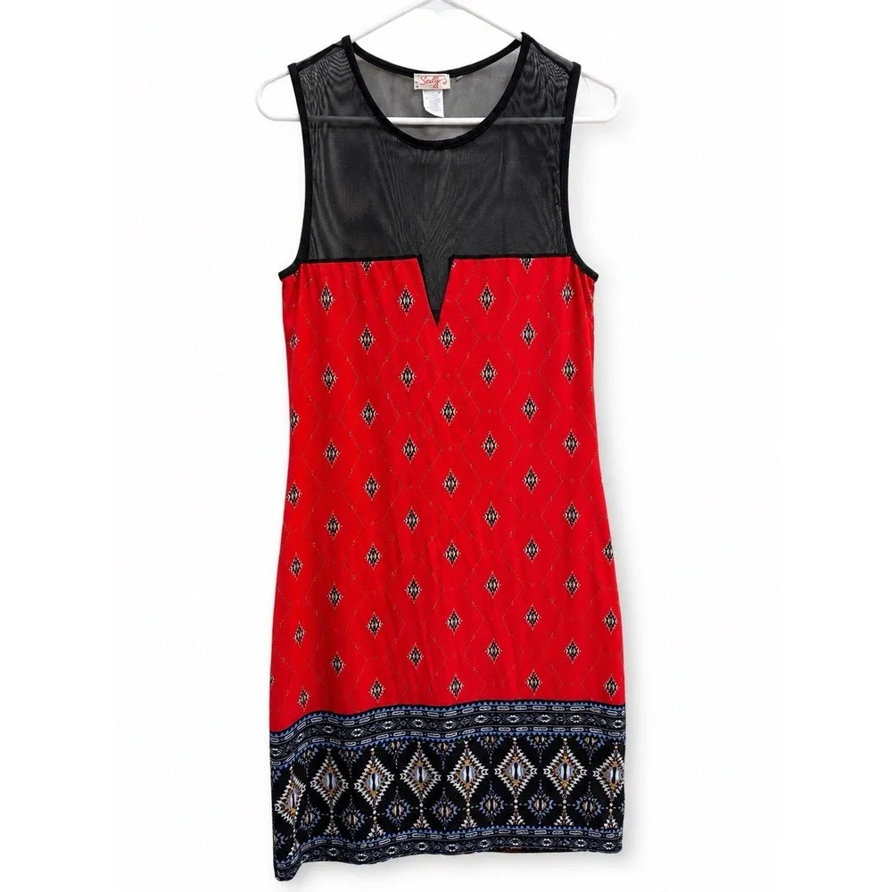 Scully Red Southwestern Print Sleeveless Sheath Dress Mesh Yoke Size Large