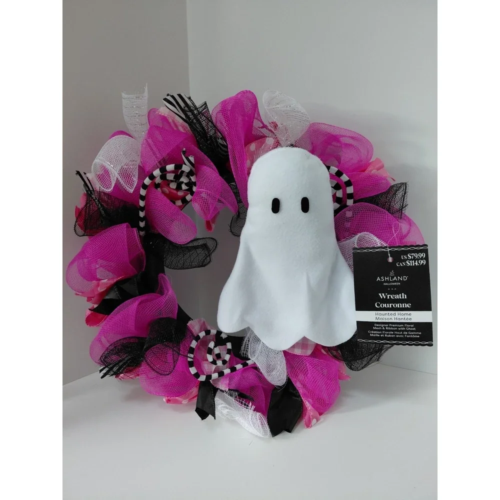 NWT Pink‎ Black White Mesh Ribbon Ghost Halloween Wreath 24