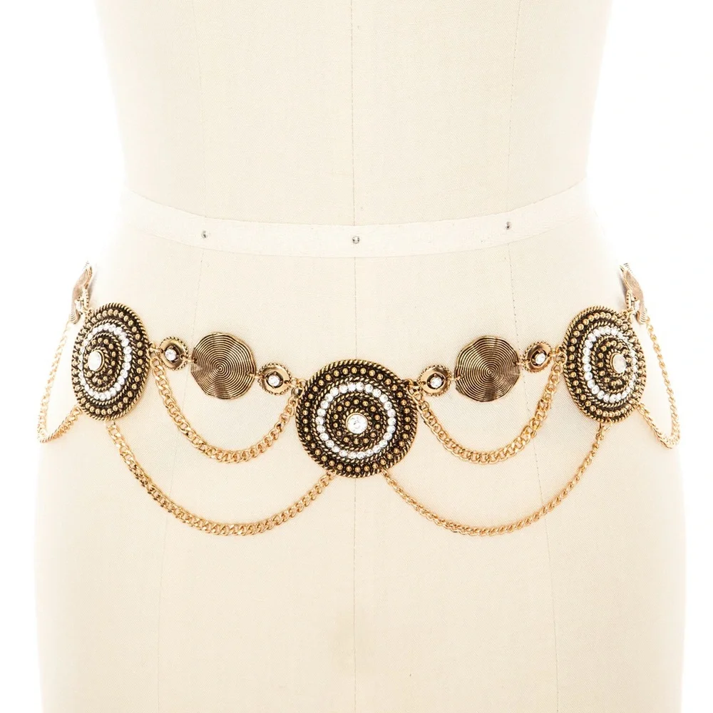 Gold or Silver Vintage Inspired Boho Medallion Chain Statement Belt