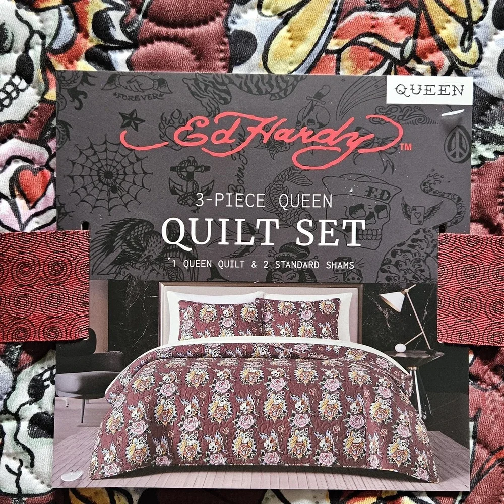 NWT Ed Hardy 3 Piece Quilt Set - Queen size Y2K Skulls Roses Goth Tattoo Flash