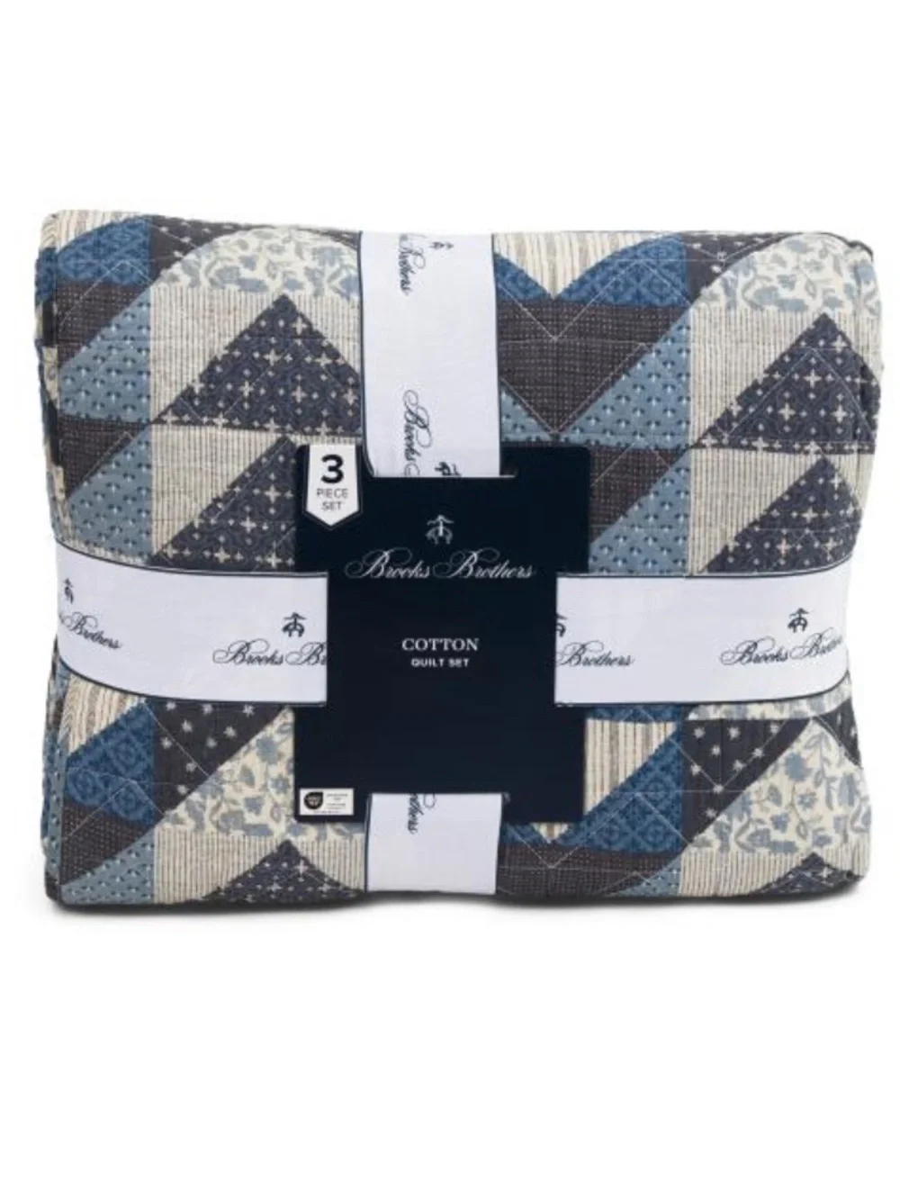 Brooks Brothers Blue and Gray Cotton Quilt Set - 3 Piece