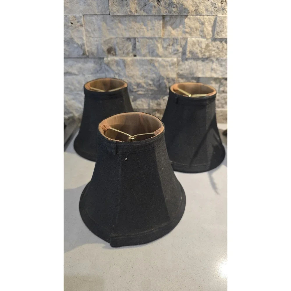 Set of 3 VTG Black Fabric Bell Chandelier Lamp Shades W/ Gold Lining Fitter 5