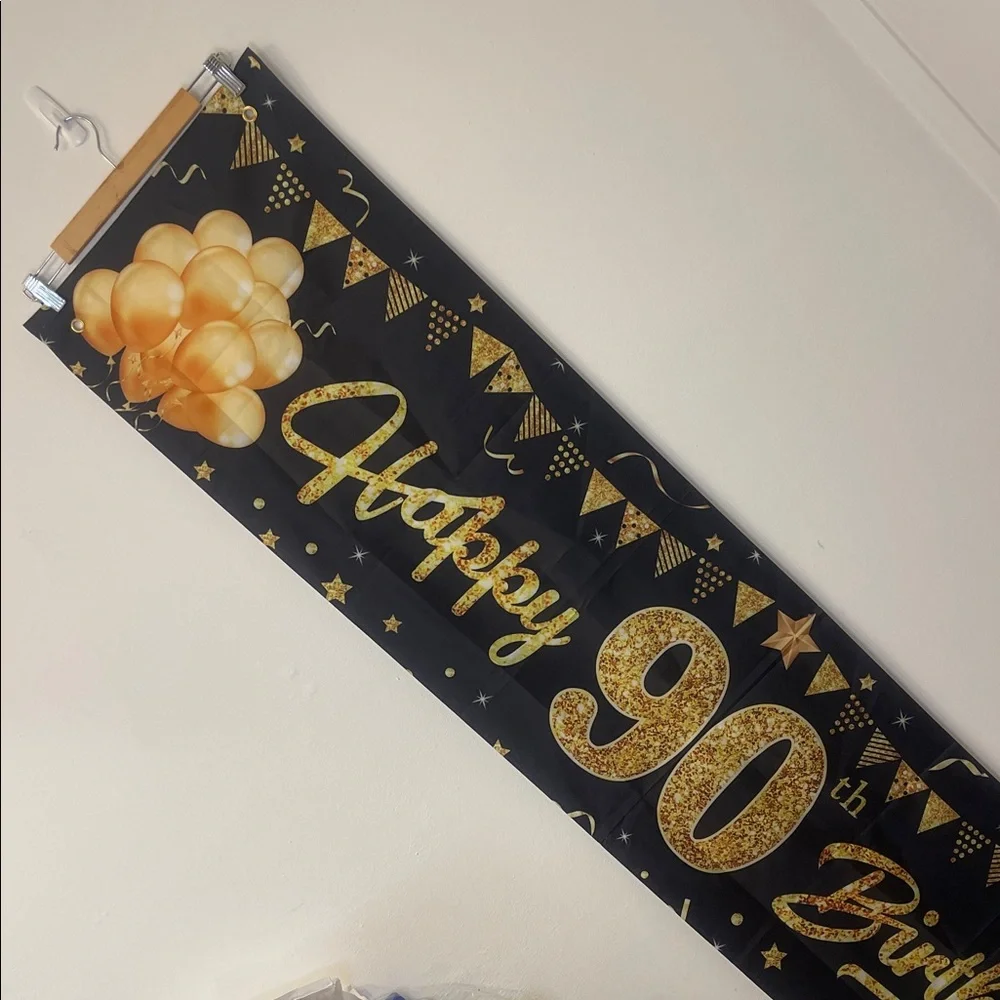 90th Birthday Banner Gold and Black EUC