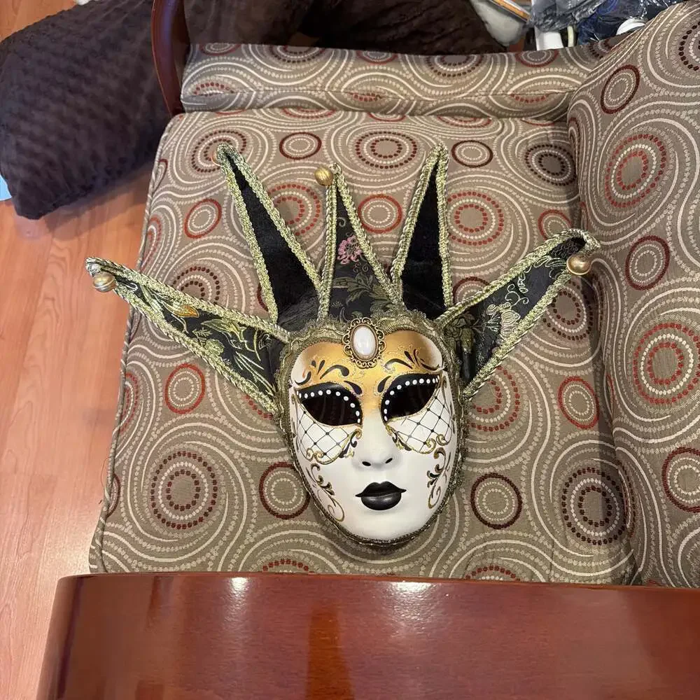 Black and Gold Full Face Venetian Jester Masquerade made in Italy hand painted