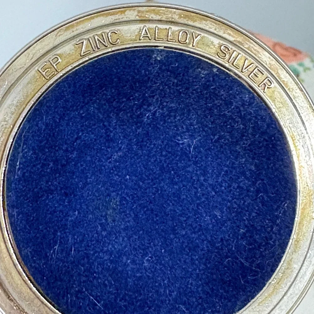 Vintage Silver Plated Cat Ring Holder Etched Tray Blue Rhinestone Eyes EP Zinc
