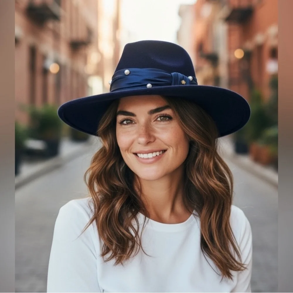 NWT Lele Sadoughi Wool Pearl Detail Navy Rancher Hat