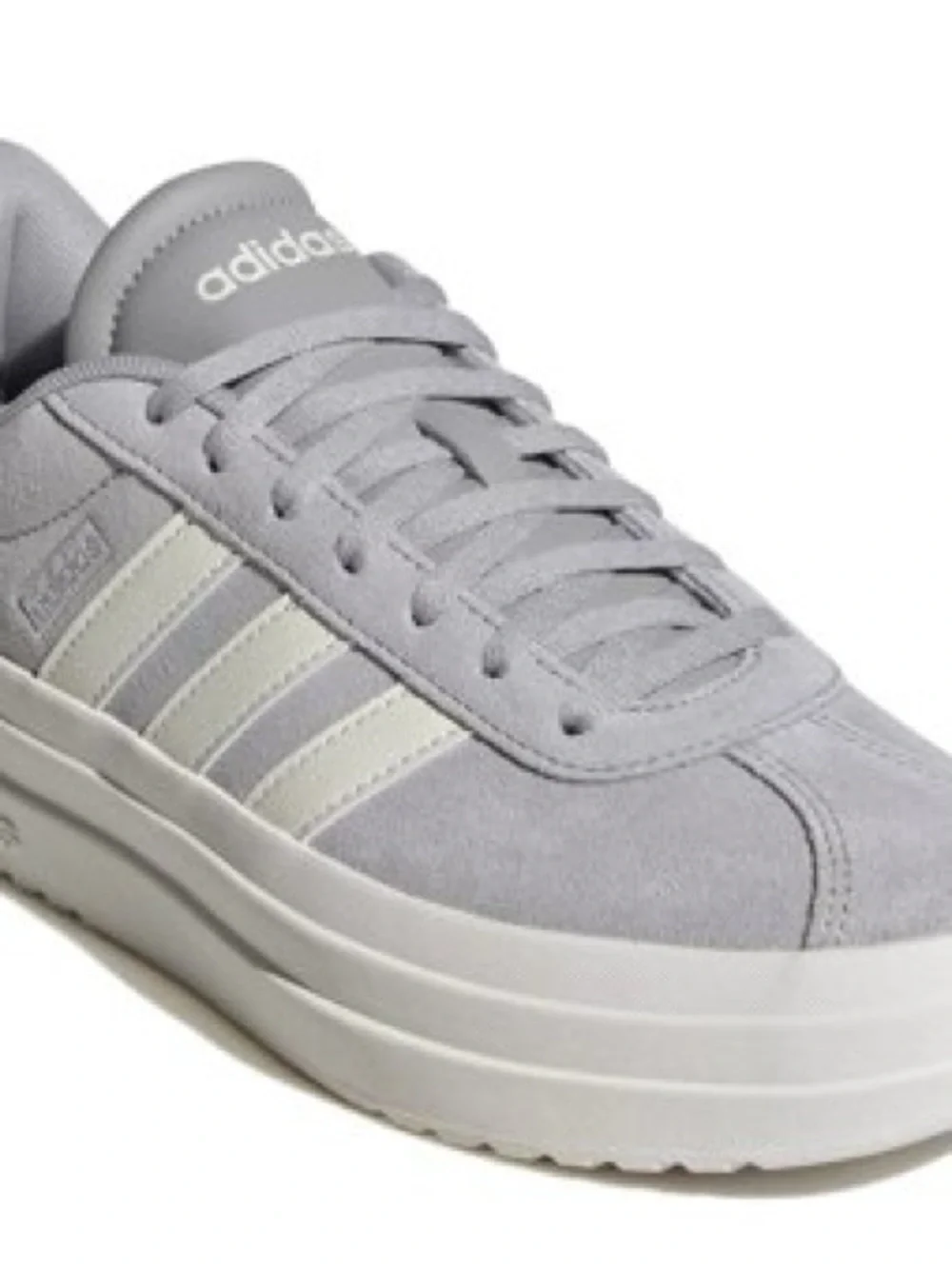 adidas Women’s Light Gray Suede Platform Sneaker with Cream Stripes