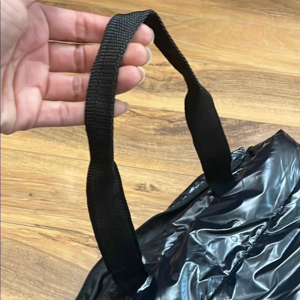 NWOT Shiny Black Glossy Puffer Tote Bag. Zipper, Double Shoulder Straps