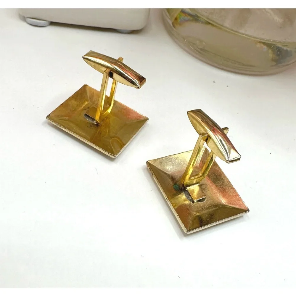Swank Cufflinks Vintage 1945 Era Square Etched Leaves Swirls Gold Tone Bent Bar