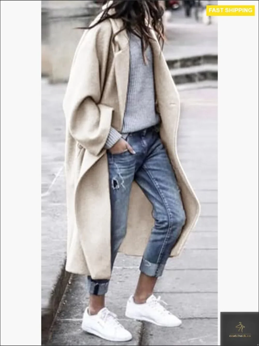 Oversized Wool Pea Coat Classic Notch Lapel Loose Fit Winter Trench Chic