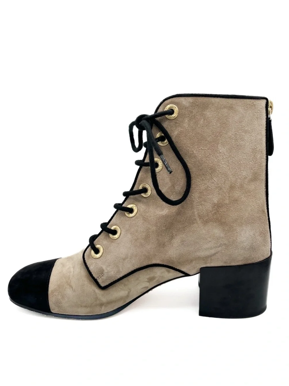 Chanel Interlocking CC Logo Suede CC Lace Up Short Heeled Cap Toe Boots