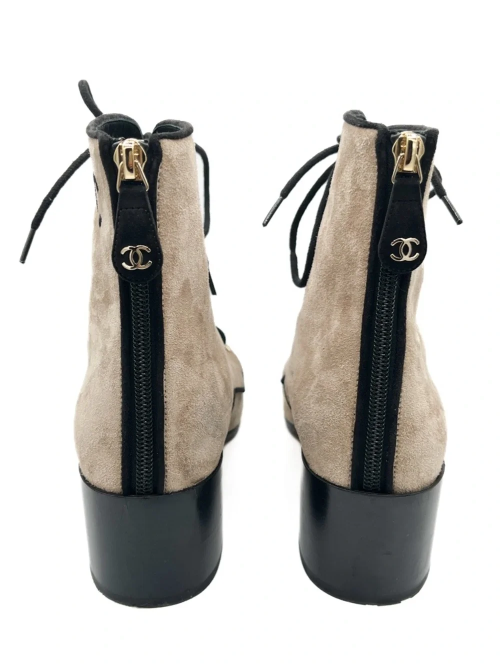 Chanel Interlocking CC Logo Suede CC Lace Up Short Heeled Cap Toe Boots