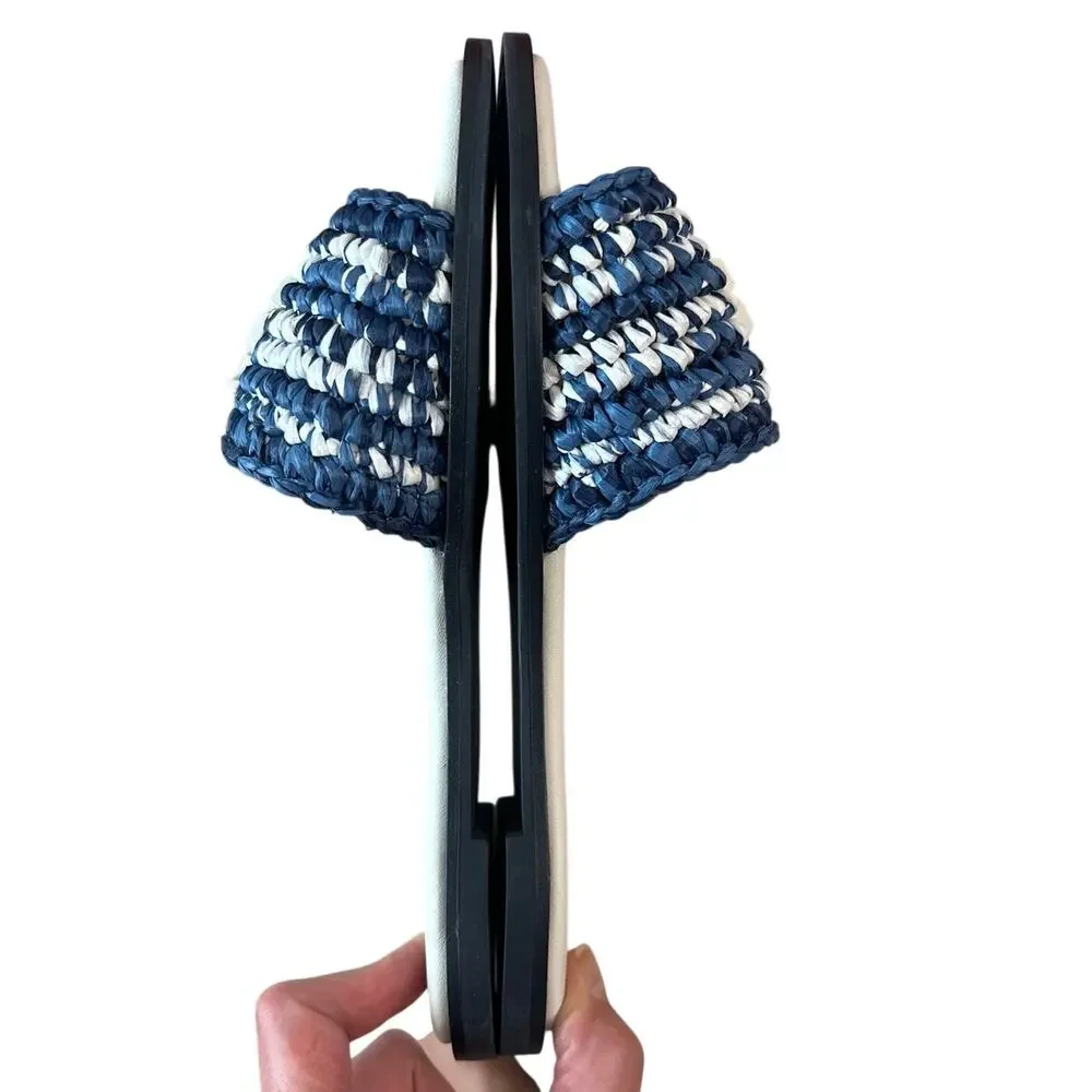 Tory Burch Everly Crochet Raffia Slide Denim Blue White 7