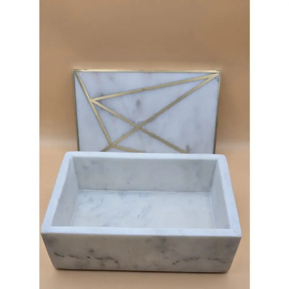 West Elm Brass Inlay Alabaster Marble Rectangular Trinket Box