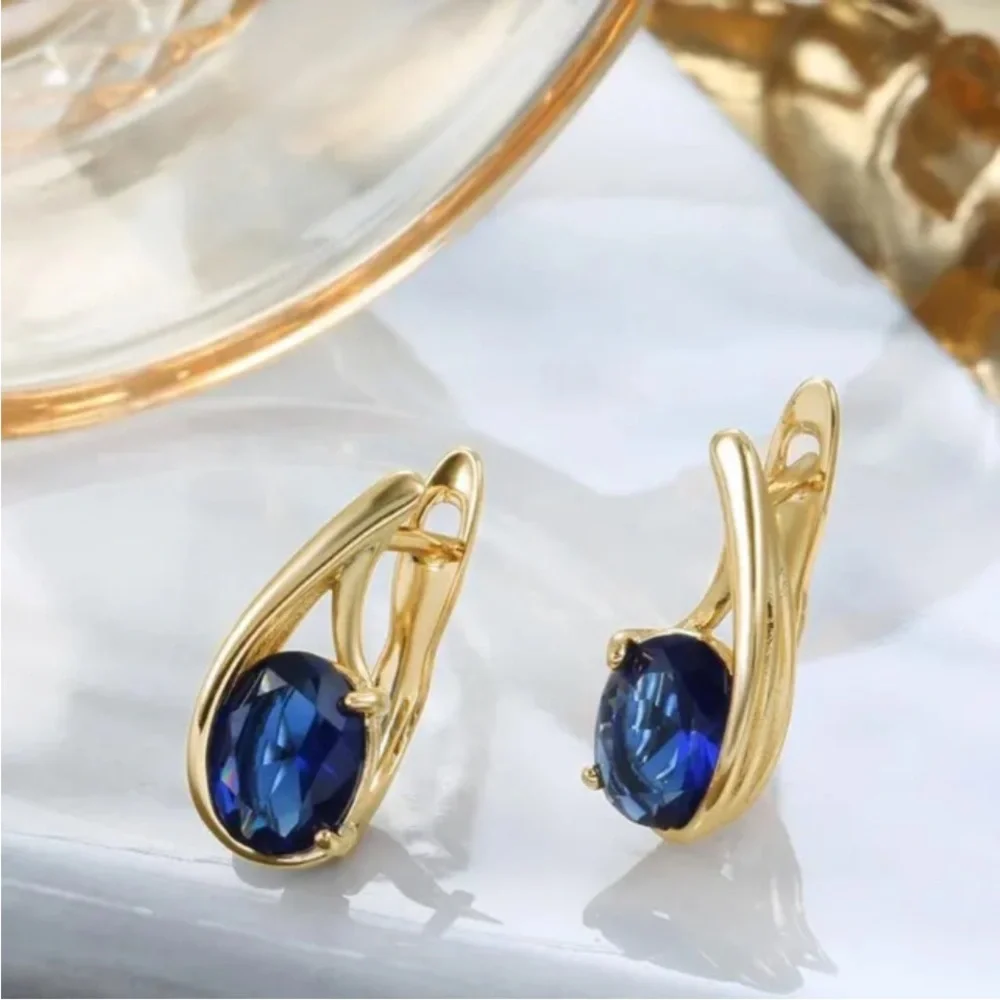 New 18k Yellow Gold Over Silver Blue Sapphire Huggie Studs