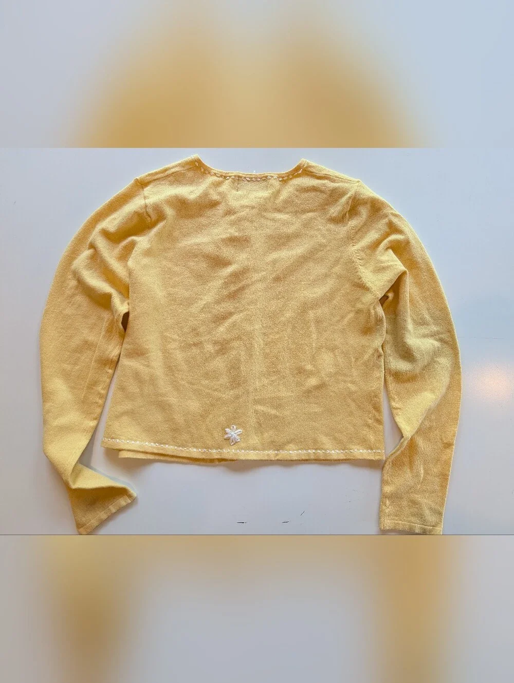 Vintage 90s April Cornell Cotton Ramie Butter Yellow Ribbon Trimmed Cardigan 💐