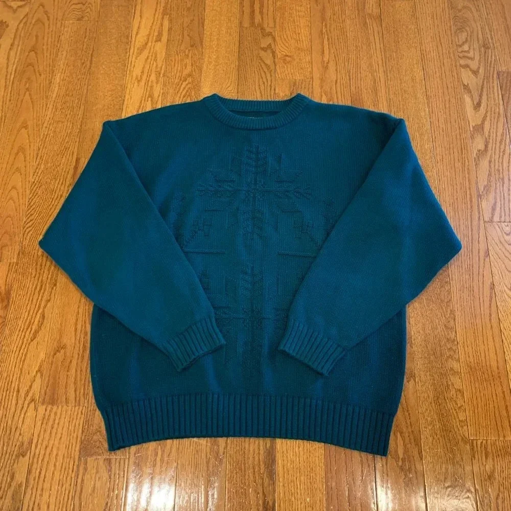 Vintage 90s Eddie Bauer Mens Large 100% Cotton Knit Dad Sweater Green